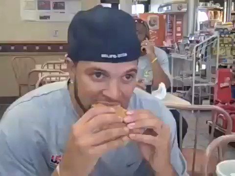 #NationalCheeseburgerDay 2008 Team USA eating Wendy's at a gas station.