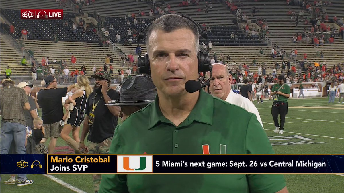 "Even though it got sloppy at the end, we did play complementary football. ... When you go on the road, and you're playing in the conference, you gotta find a way to win." Miami head coach Mario Cristobal joins Scott Van Pelt following their 33-20 win vs. Wake Forest 🏈