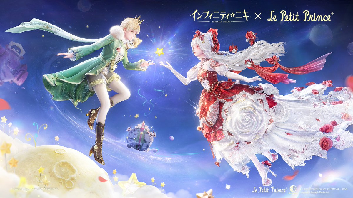 【コラボ共鳴アイテム×100無料獲得】 『インフィニティニキ』×『星の王子さま』コラボPV🌹✨ 流星群が空を駆け抜けるときは、 どうか顔を上げて🌠 絵筆をくわえた一羽の渡り鳥が、 空をかすめていくから🕊️ 小さな旅人は、次なる未知の旅路へ 向かっている🎒 バラの花びらが舞い上がる瞬間に🌹 四十四回目の夕陽が訪れる前に🌅 いつか、どこかの星で会おうと 約束しよう🪐 🪐『インフィニティニキ』×『星の王子さま』期間限定コラボイベント ⌛開催期間:2026年9月24日Ver2.10アップデート後~2026年11月27日04:49(UTC+9) 期間限定コラボイベントに参加すると、「コラボ共鳴アイテム×100」や称号、プロフィールなどの限定アイテムを無料で獲得できます🎁さらにコラボ限定の各種キャンペーンも開催予定です! 🌟コラボエリア「『星の王子さま』」登場! 📖コラボ風物クエスト「子どもだった君へ」 🌌コラボ逸話クエスト「星間の物語」 🕊️コラボイベント「羽ばたく渡り鳥」 ほかにもコラボコンテンツが盛りだくさん!ぜひゲーム内で体験してみてください🎮 🪐コラボ限定共鳴「子どもたちの物語」 ⌛開催期間:2026年9月24日Ver2.10アップデート後~2026年11月27日04:49(UTC+9) 🌹コラボコーデ | その花を愛せば >>メインスタイル・エレガント >>コーデスキル【思い出に咲くバラ】 使用すると、ニキの足元に、色鮮やかなバラの花畑が広がる。しばらく待つと、遠くから届いた手紙を携えた紙飛行機が、ニキの周りに舞い降りる。 ニキが歩き始めると、ニキの通った跡にも次々とバラの花が咲く。衣装配置では、バラのエフェクトをオフにすることもできる。オフにすると、バラのエフェクトが表示されなくなる。 ※スキル「思い出に咲くバラ」は、一部ステージとマーベルクラウンバトルシップでは使用不可となる。 >>置物【あの子の星にて】 開けた場所に置くことができます。その花は、日の出とともに咲きました。鮮やかな色も、香りも、トゲも、そして優しさも、少しずつ子どもの心をいっぱいにしていきました。 ※限定共鳴「子どもたちの物語」で共鳴160回達成で獲得できます。 🦊コラボコーデ | 星の王子さま >>メインスタイル・クール >>コーデスキル【大切なこと・創想】 使用すると、ニキが雲を呼び出して雨を降らせ、バラに水を与える。バラが完全に成長すると、雲は消えていく。するとニキはバラを抱きしめ、その温かな抱擁が頑丈なガラスドームへと変わり、バラが傷つかないよう優しく守る。近くにスキル「思い出に咲くバラ」で生み出された最初のバラの花畑がある場合、ニキは書き終えた手紙にキスをし、手紙は想いを乗せて、風に運ばれながら花畑へと舞っていく。 #インフィニティニキ #金羽の裁き