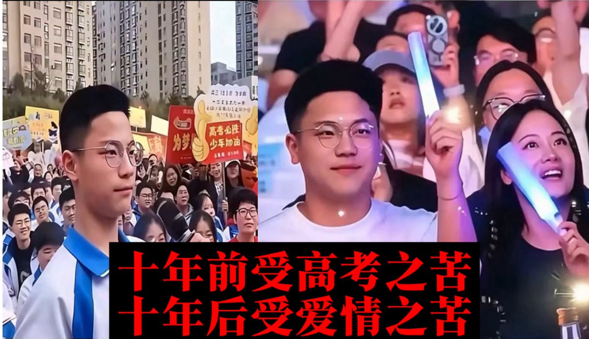 这居然是同一个人😂😂😂 十年前受高考之苦 十年后受爱情之苦 十年前高考百日宣誓大会上,代表班级宣誓动员,结果过于激动丢尽脸面,被全网群嘲称为“咆哮哥” 十年后请女朋友和她闺蜜去看演唱会,亲吻互动时向女朋友索要轻吻,结果被立马拒绝,转头就轻吻自己的闺蜜,又丢尽脸面,被全网称为“小丑”