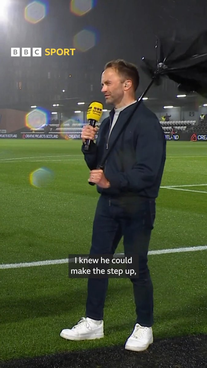 Jonathan Sutherland battles with his umbrella ☂️ James McFadden's reaction 🤣 #BBCFootball