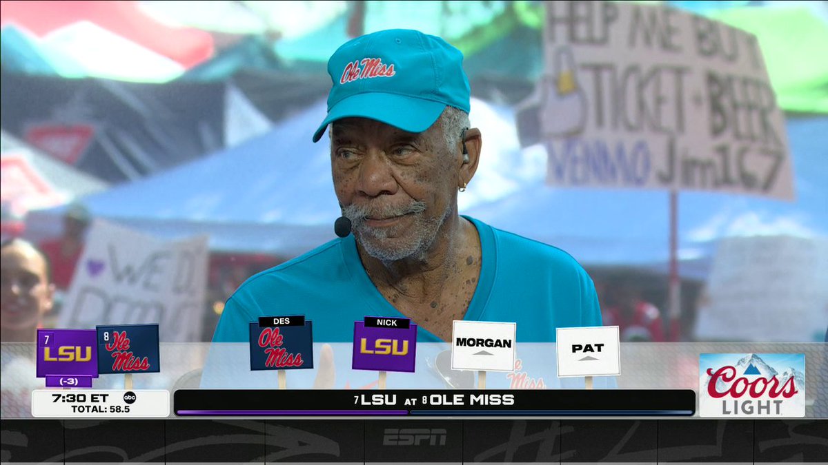 Morgan Freeman couldn't believe Coach Saban wasn't rocking with his Rebels 😂 The voice of God is taking Ole Miss over LSU 🔥