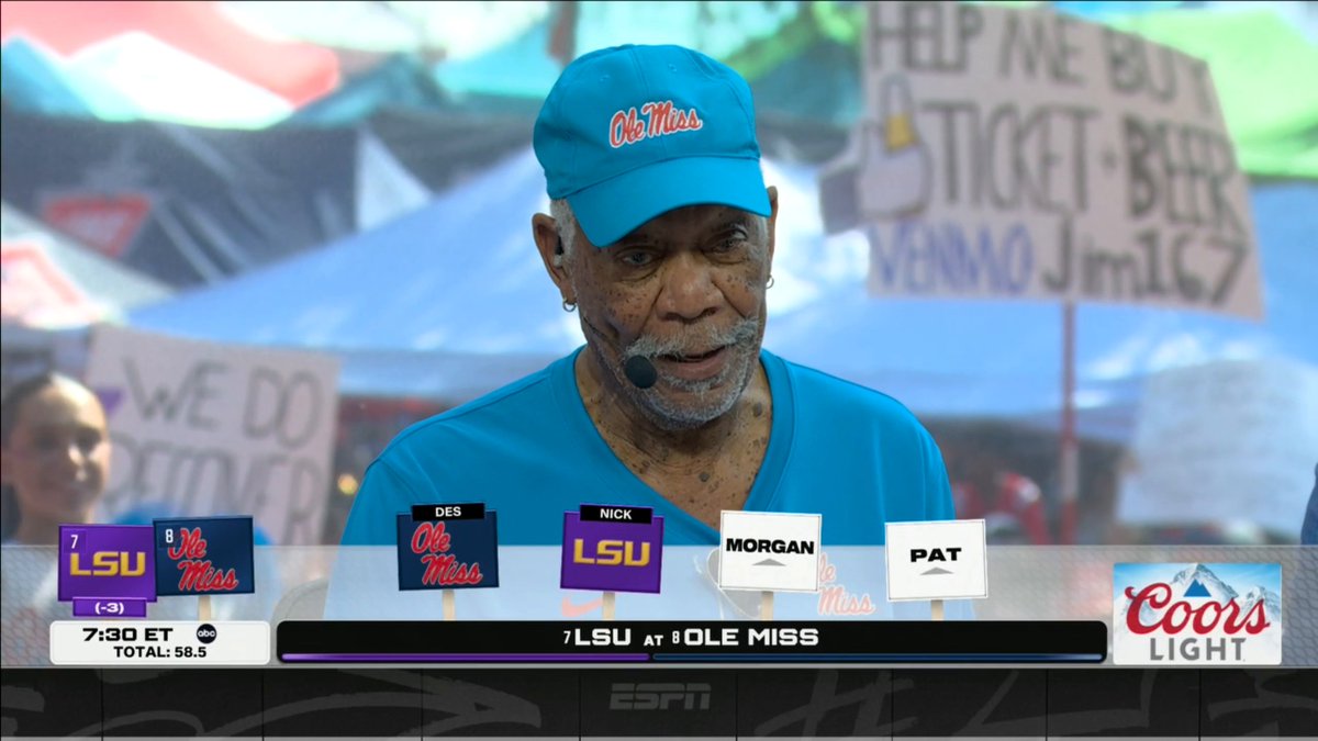 Morgan Freeman makes his picks from the College GameDay desk in Oxford 🙌