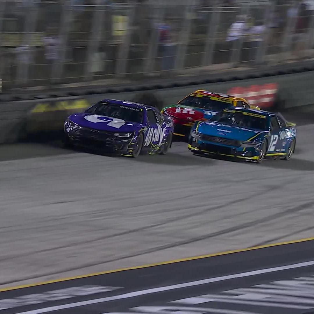 A three-wide move by Ty Gibbs propels the No. 54 Toyota to the lead!
