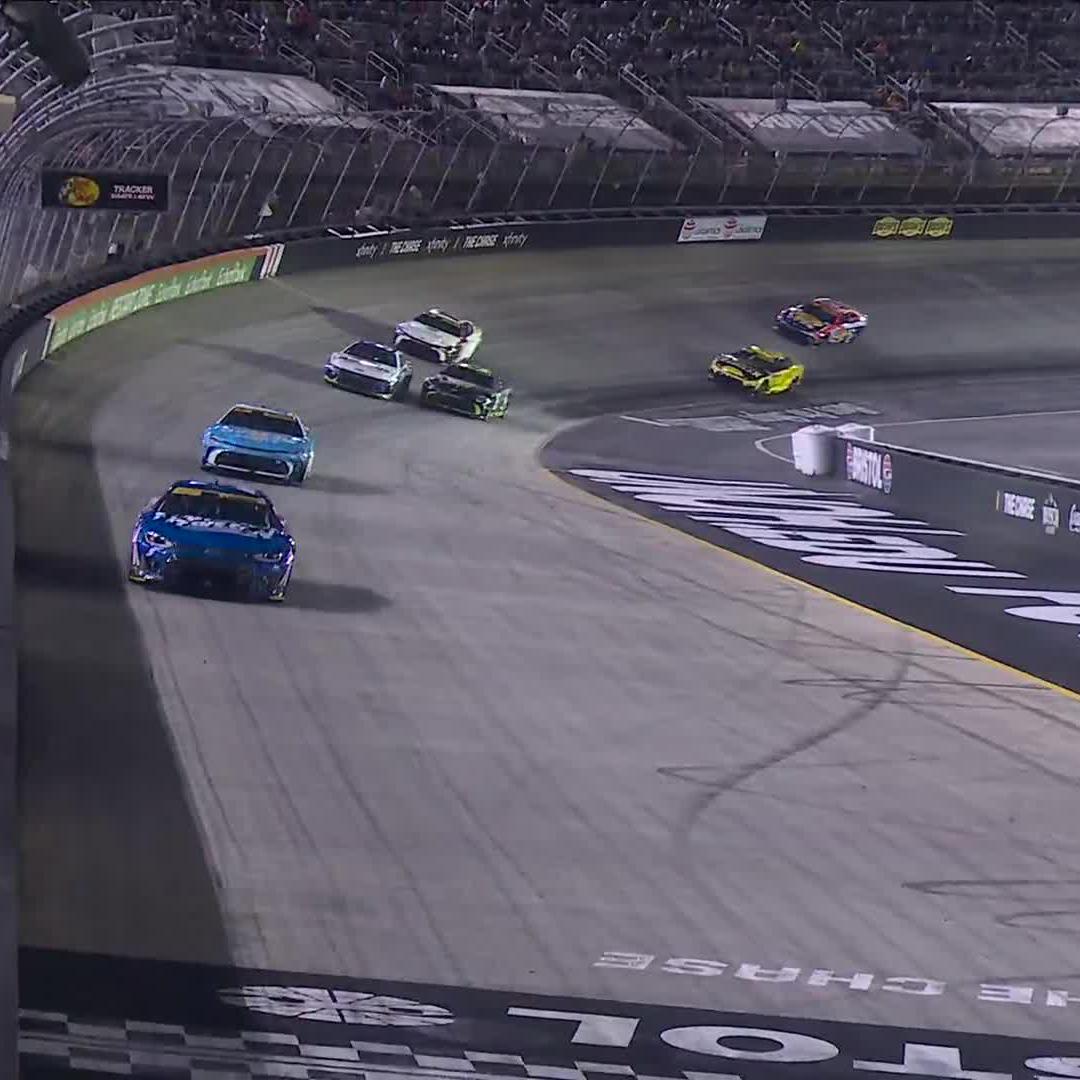 The Nos. 35 and 38 make contact and Zane Smith spins down the frontstretch.