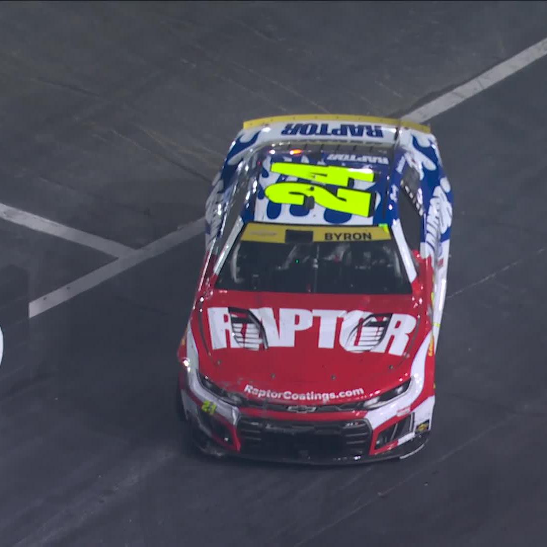 The yellow flag waves on Lap 443 after William Byron goes for a slide.