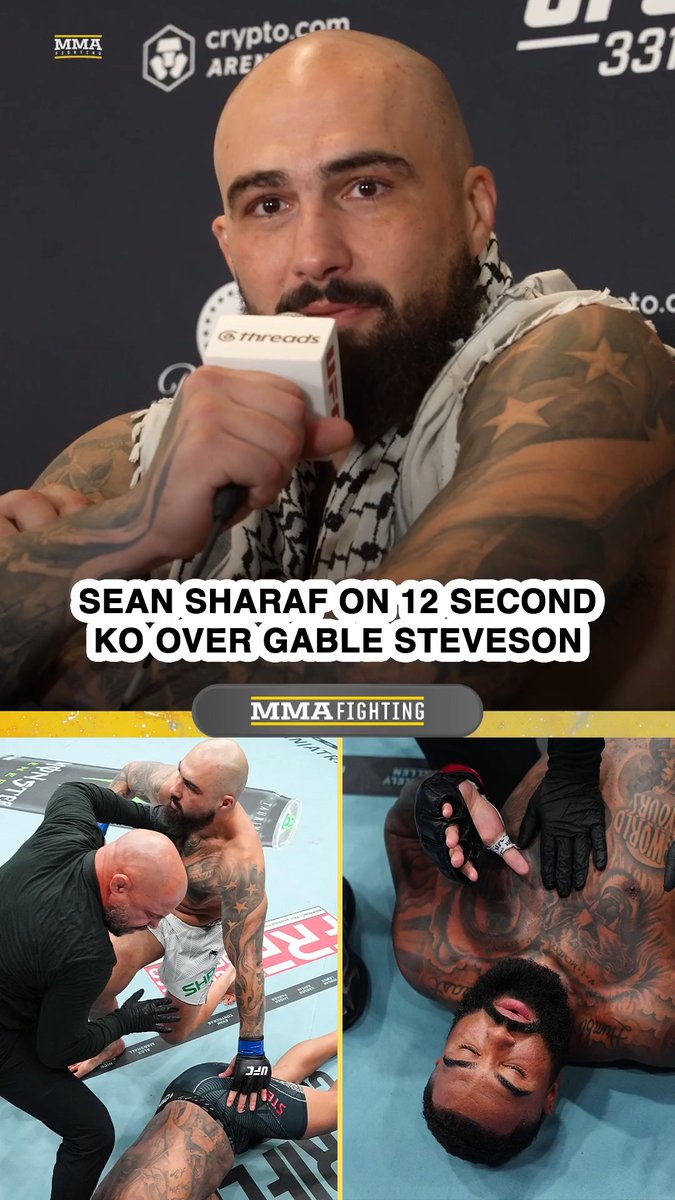 Sean Sharaf gives his immediate reaction to his 12-second knockout win over Gable Steveson at #UFC331: "God blessed me with that punch. … I don't put anyone on a pedestal. He's got two hands, and two legs, and he bleeds red. But I guess I shocked the world."