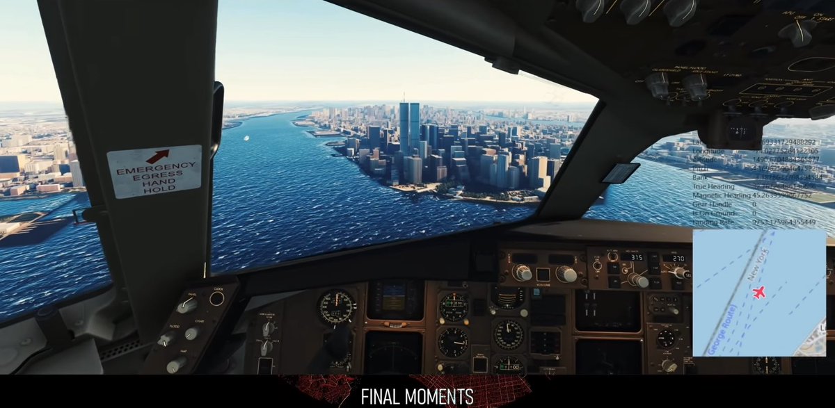Most of the world watched this moment live on TV, from the ground on 9/11. Here's what it looked like from the cockpit. These are the final moments of United 175, making its approach toward the South Tower (2 WTC) about 17 minutes after Flight 11 hit the North Tower. The audio is the actual air traffic control from that morning, as controllers realized a second plane was headed for the city. There were 60 innocent passengers and crew on board. You'll hear people claim this flight was impossible, beyond the capabilities of both the pilot and the plane. Watch it for yourself. No precision aerobatics. A fast descent toward a building over 200 feet wide, with a sloppy last-second bank to line it up. Well within what a 767 can do, and he only had to get it right once. Where were you when you saw it?