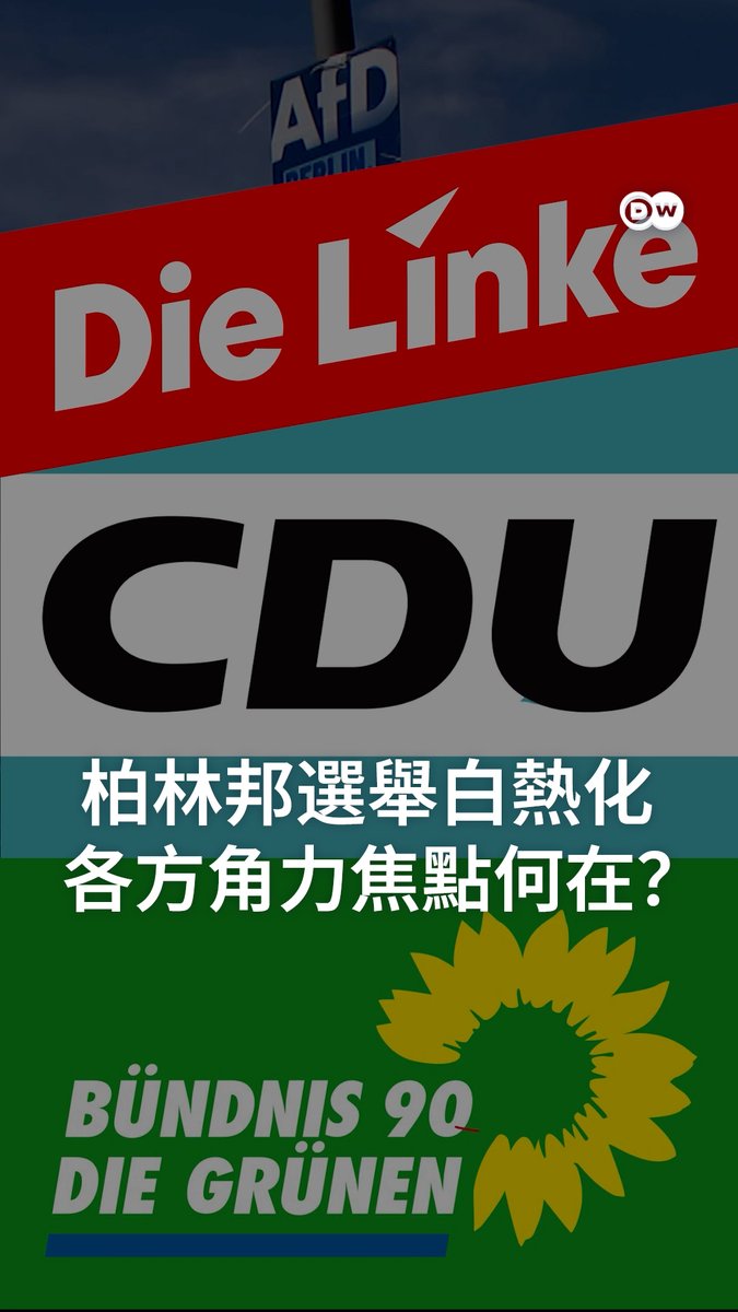 德国首都柏林展开了一场竞争白热化的州选举。排名前四的政党——保守派基民盟(CDU)、挑战者左翼党(Die Linke)、右翼民粹主义的“德国选择党”(AfD)以及环保主义的绿党——支持率差距微乎其微。你认为,将由谁来执政这座城市州?留言告诉我们!#dwgermanpolitics #Dreel