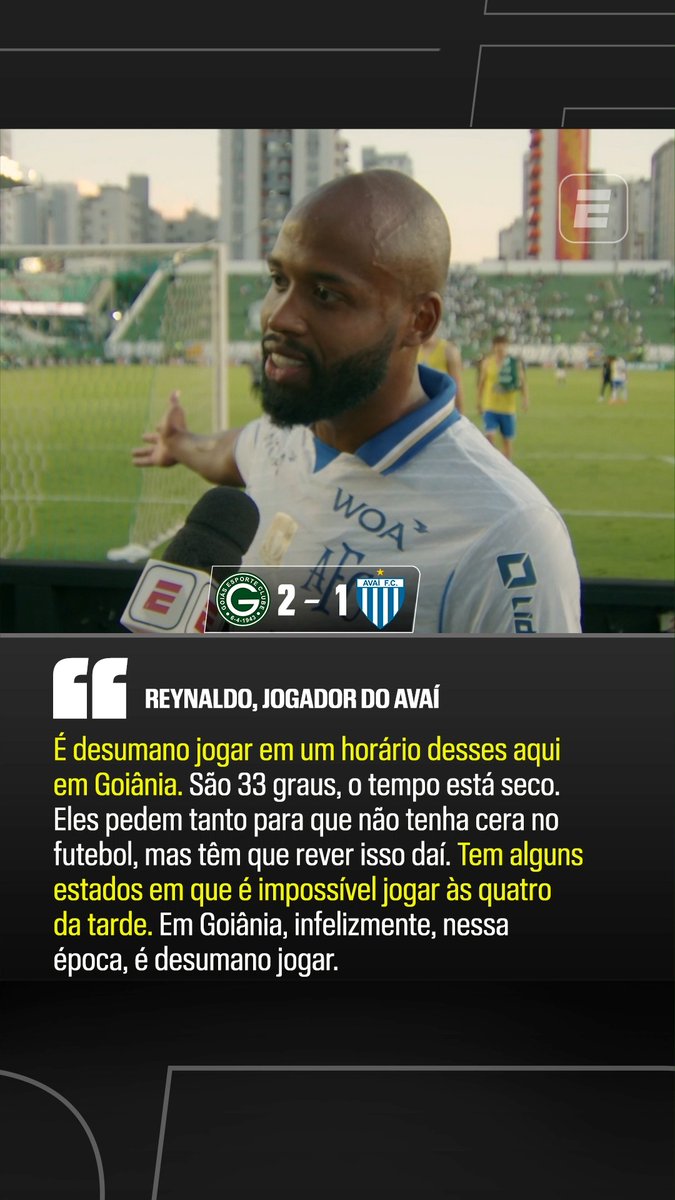 ‘É DESUMANO JOGAR EM UM HORÁRIO DESSES AQUI’ Em entrevista pós-jogo, Reynaldo, jogador do Avaí, falou sobre a dificuldade de jogar às quatro da tarde em Goiânia, contra o Goiás, pela Série B. O atleta relatou que o tempo estava muito seco e que é preciso rever o horário das partidas realizadas na cidade por causa das altas temperaturas. #SerieBnaESPN #Avaí #Goiás