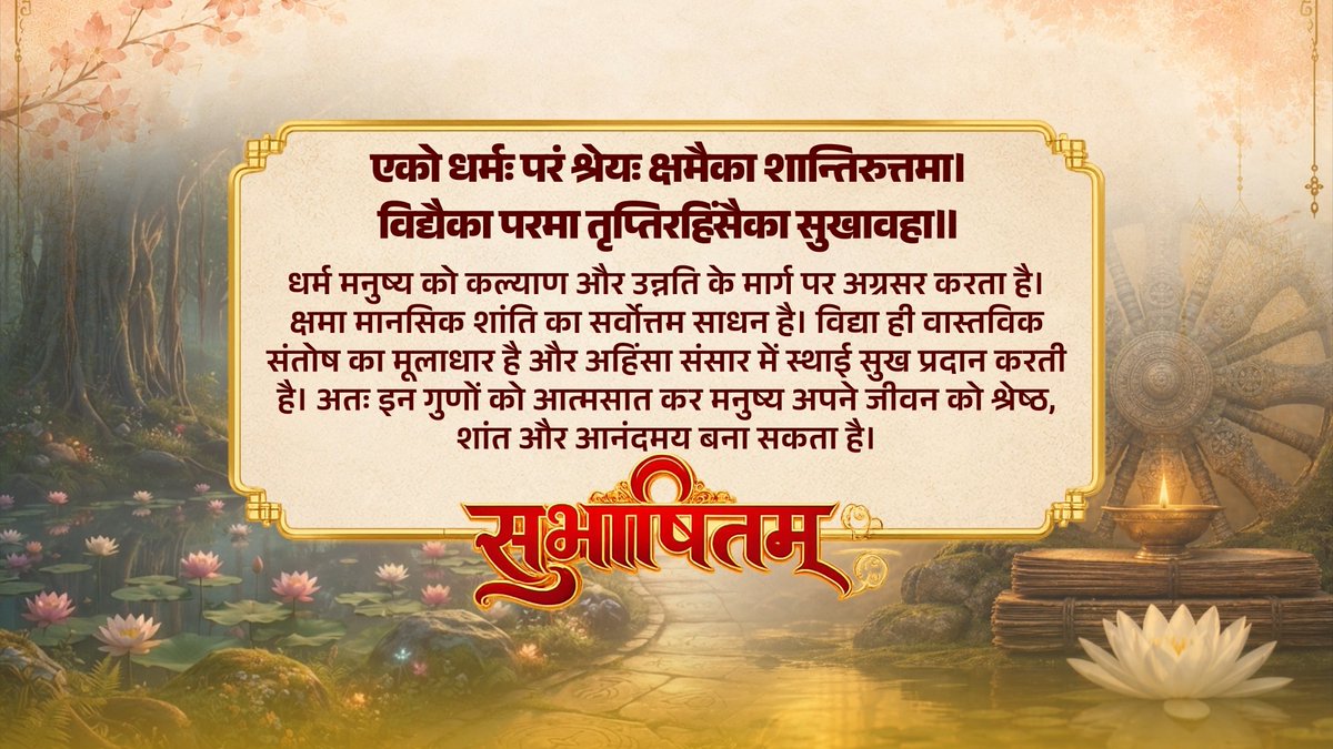 एको धर्मः परं श्रेयः क्षमैका शान्तिरुत्तमा। विद्यैका परमा तृप्तिरहिंसैका सुखावहा॥