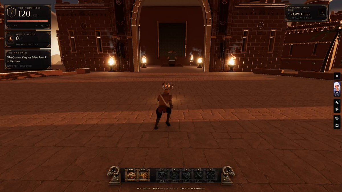 I've been building this action roguelike around fast, intense, brawly combat. But honestly, one of the most magical parts so far has been the portals between worlds. You go kingdom to kingdom, felling kings, taking their crowns and absorbing their powers. Each time you do, a portal to the next kingdom opens right in front of you. You can see into the next zone before you even enter it, run straight through without a loading screen, then turn around and look back at the world you just left. The engine in spawn is what makes this possible, and it even supports portals between different games. Funny how something I didn't plan as a core part of the game is turning into one of my favorite things about it.