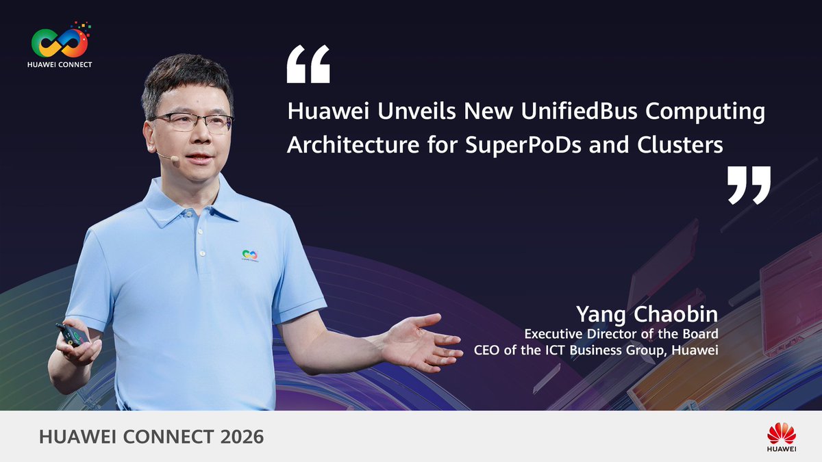 At HUAWEI CONNECT 2026, Huawei unveiled its UnifiedBus-powered computing architecture, enabling high-bandwidth, low-latency interconnection across clusters and SuperPoDs to support elastic scaling for growing AI compute demands.