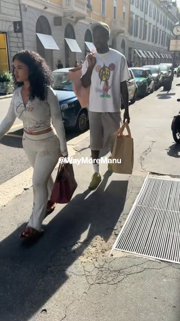 French soccer star Marcus Thuram was seen shopping in Milan with former OF model India Love 🇮🇹