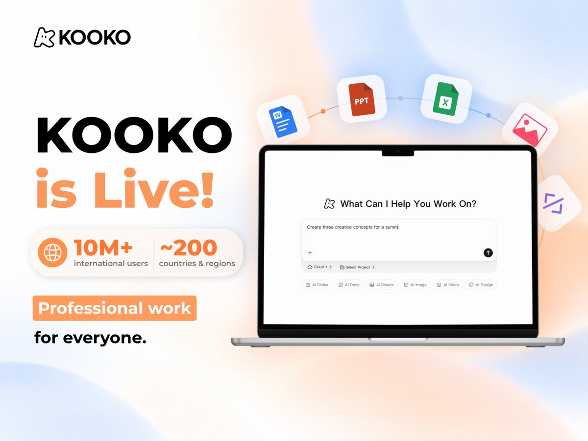 Kooko means business. Bring on the big briefs! Formerly Oreate AI, the all-in-one AI workspace has reached 10M+ international users across nearly 200 countries and regions in its first year. With Kooko, you can: - Research, analyze data, and create content using the files and sources you give it access to - Turn a brief into documents, presentations, spreadsheets, and more, then refine them in the built-in Office editor - Build on previous projects with memory that saves your edits, preferences, and completed work as context for future tasks With apps for desktop and mobile, Kooko is ready to take on your next assignment, wherever you are. Put Kooko to work👇