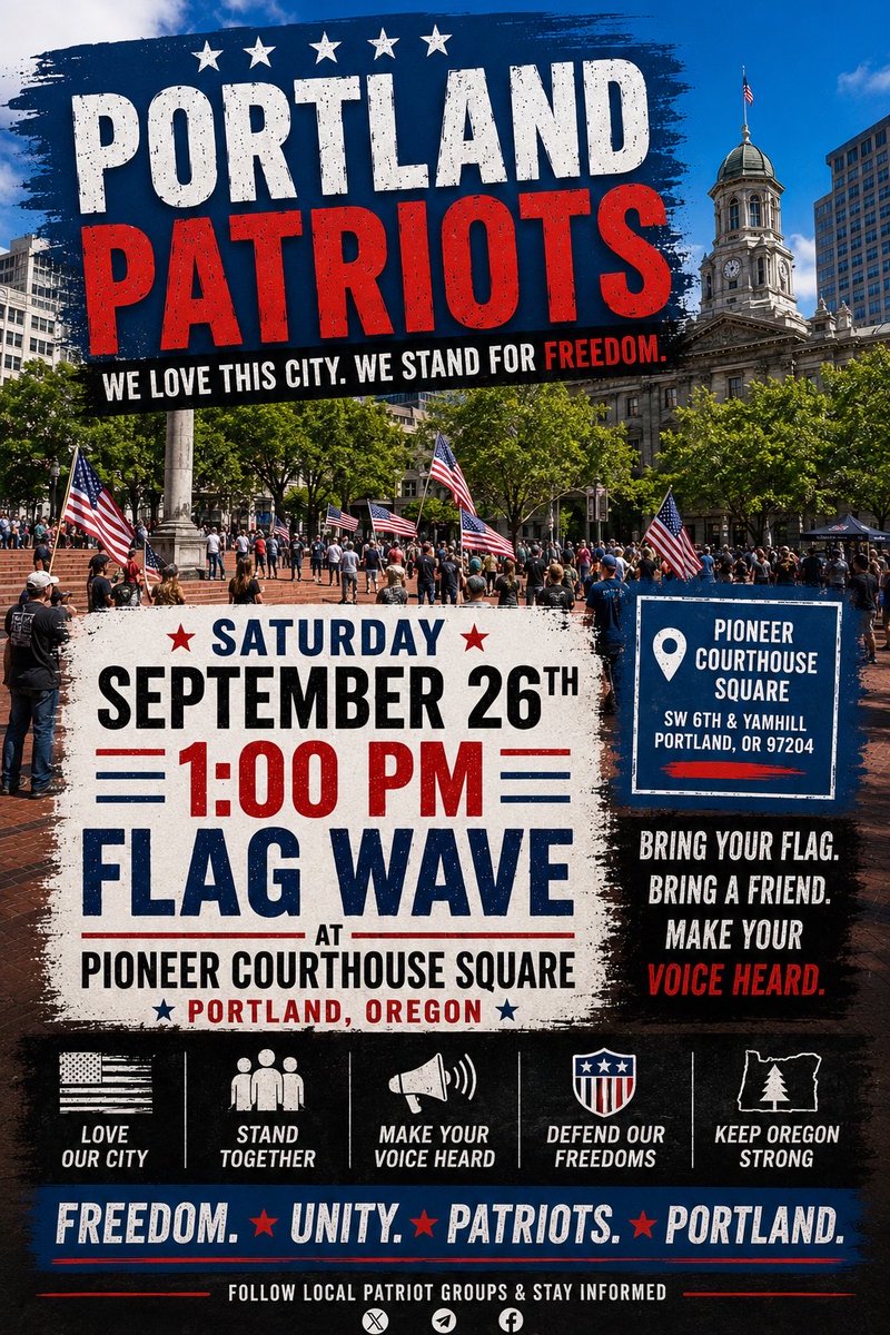 🇺🇸 CALLING ALL PATRIOTS ACROSS THE PNW 🇺🇸 Let’s fill Portland with RED, WHITE & BLUE! 🇺🇸🔥 Let’s make this one HUGE. 🤘🏼 📍 Pioneer Courthouse Square Portland, Oregon 📅 Saturday, September 26, 2026 ⏰ 1:00 PM Bring your flags and come ready to represent! 🇺🇸