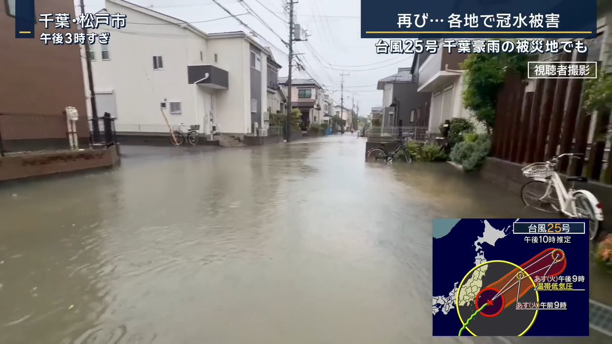 【千葉で再び大雨】豪雨被害の修復中に… | 千葉・松戸市では台風接近前に大規模な冠水が発生 別の道路では汚水のような臭いも… 県の下水道課によると、20日からの雨で本来雨水管に流れる水が汚水管にも流れ込み溢れ出したという 住民 (Q.朝の雨量がすごかったと。どんな雨だった) 「寝ていると起きてしまうようなすごい雨音」 「8月の雨の時も、この一方通行の通りに車が何台も乗り捨てられている状況だった」 松戸市によると、簡易トイレは5000~6000個ほど配布(午後2時時点) 住民 「(連休で)家にいる時間が長いので、お手洗いとか水が使えなくなる」 「最悪、水が止まるとなると、どうしようかなという不安はすごくあります」 ▼千葉市では“千葉豪雨”以上の雨量に 千葉市緑区は、8月に道路が大きく崩れ水道管が破損、一部では断水も起きるなど影響が長引いた地域もあった 8月の豪雨の教訓を生かし住民が土のうを積むが… 住民 (Q.家は大丈夫) 「家は大丈夫」 「前回ここが腰の高さくらいまでつかった」 (Q.止めていると言っても、出てきている) 「だいぶ心細いです」 (Q.夜にかけて強くなる予報だが) 「自然はどうしようもないので耐えるしかない」 広範囲で冠水被害があった大網白里市では、一般道の路肩部分が冠水 市内のホームセンターでは一時避難場所として駐車場を開放 市によると、ホームセンターの駐車場など4カ所で約260台分の車の退避場所を用意しているという ▼豪雨被害の修復のさなかに… 八千代市の住宅では、家の前が冠水 前回の豪雨で住宅の床上45cmまで浸水 今も2階での寝食を余儀なくされているという 千葉豪雨で床上浸水 山口和也さん 「この辺まで水が来ていた。(階段の)2段目3段目くらいまで。あと50cmもあると床に行ってしまうくらい」 「送風機は(行政から)借りているので、水につかると失礼だと思い、水が上がってくるような状況だから止めてしまっている」 リフォーム費用は1000万円ほどかかるという 千葉豪雨で床上浸水 山口和也さん 「(前を流れる川が)ドブ川なんです、奥が」 「上流の水がどれだけ来て、この場所での雨がどれだけになるかで、かさが変わると思うので、その心配をしているところ」
