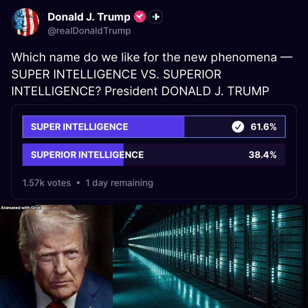 🚨 NOW: President Trump has narrowed his Artificial Intelligence REBRAND between 2 options — SUPER Intelligence or SUPERIOR Intelligence "Which name do we like for the new phenomena — SUPER INTELLIGENCE VS. SUPERIOR INTELLIGENCE? President DONALD J. TRUMP" I honestly think Super Intelligence is the way to go! 47 is BUSTING the anti-AI hoaxes. And it will work 🔥