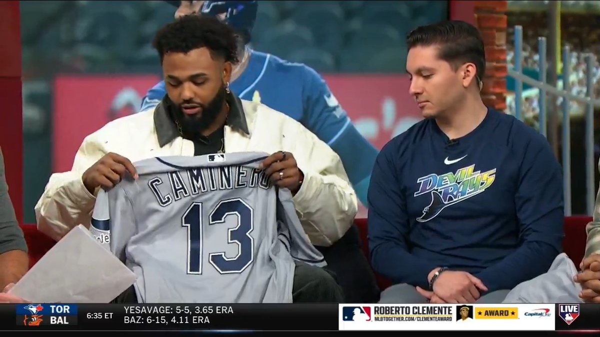 The Tampa Bay Rays are set to debut their new road uniforms tomorrow against the Yankees! Junior Caminero and Yandy Díaz joined us in studio on #MLBCentral to show off the new threads 🔥