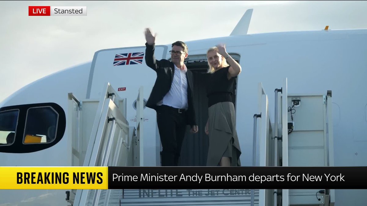 BREAKING: Andy Burnham has boarded a flight from Stansted Airport to New York, where he will attend the UN General Assembly. The prime minister is also expected to meet with Donald Trump while he is in the US. Latest: ๐บ Sky 501, Virgin 602 and YouTube