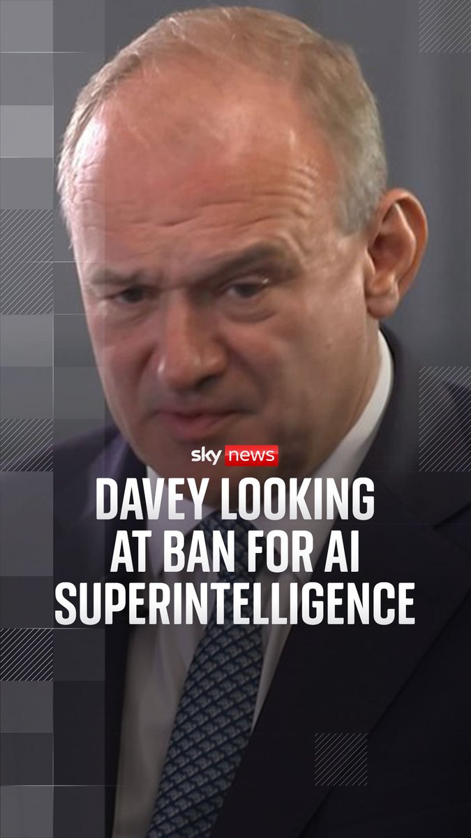 Liberal Democrat leader Sir Ed Davey is looking at a ban on AI superintelligence, warning "we should be worried". He also revealed his opinions on driverless cars, Palantir and banning Grok, in an interview with Sky's @samcoatesky. Read more: