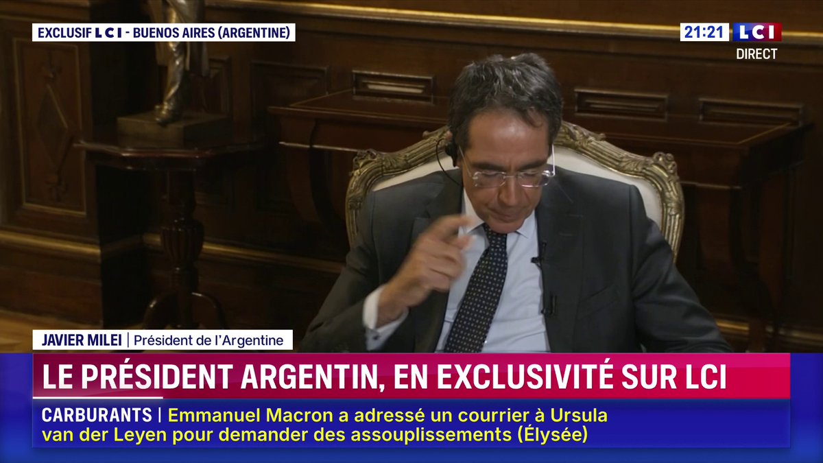 🗣️ "La capitale de l’Europe, c’est Rome ! (...) Bruxelles incarne la décadence de l'Europe", lance le président de l’Argentine, Javier Milei, face à Darius Rochebin sur LCI