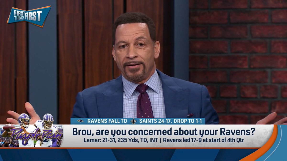 Is Chris Broussard concerned about his Ravens? “Concerned? Wildes, I am not concerned, I am not worried, nor am I fretful… Imma give them time to clean it up. So no, Wildes, I am not concerned…. Seriously, I’m not concerned. It was a bad game, not a bad sign.” 😅😅