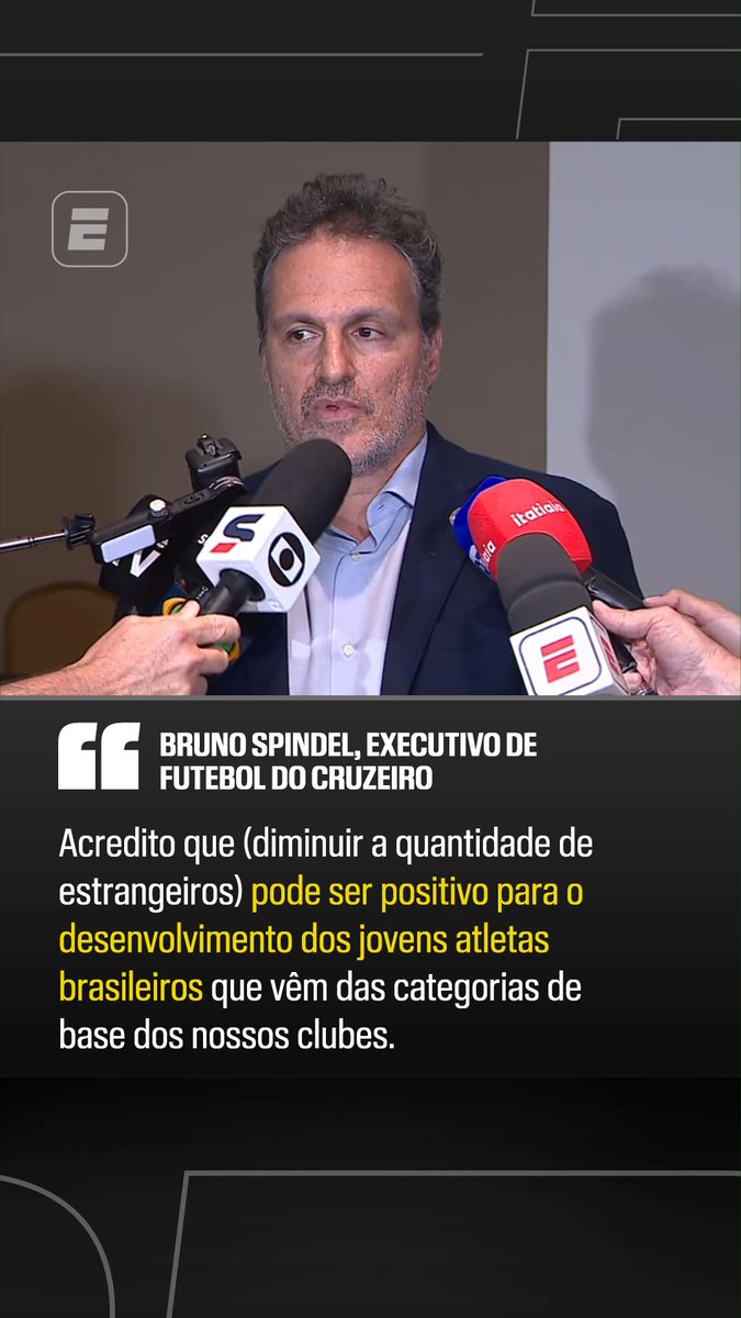 "Acredito que (a redução do número de estrangeiros no Brasileirão) pode ser positivo para o desenvolvimento dos jovens atletas brasileiros que vêm das categorias de base dos nossos clubes." 🎙️ Bruno Spindel, diretor de futebol do Cruzeiro. 🎥 ESPN Brasil | SportsCenter Brasil