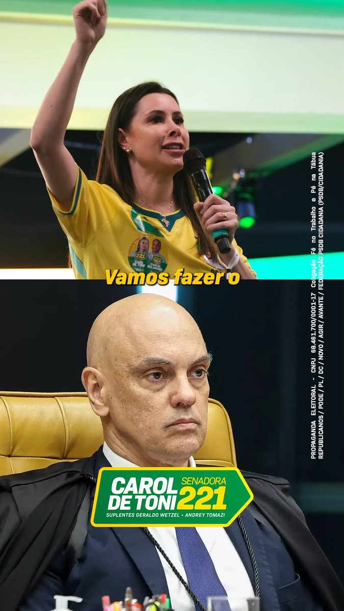 Falei sábado em Chapecó e repito: essa é a minha posição. Precisamos do Flávio Bolsonaro na Presidência, para indicar os próximos ministros do STF, e quero chegar ao Senado ao lado de Carlos Bolsonaro para mudarmos o Brasil. Carol De Toni 2️⃣2️⃣1️⃣ Carlos Bolsonaro 2️⃣2️⃣2️⃣ Jorginho Mello 2️⃣2️⃣ Flávio Bolsonaro 2️⃣2️⃣