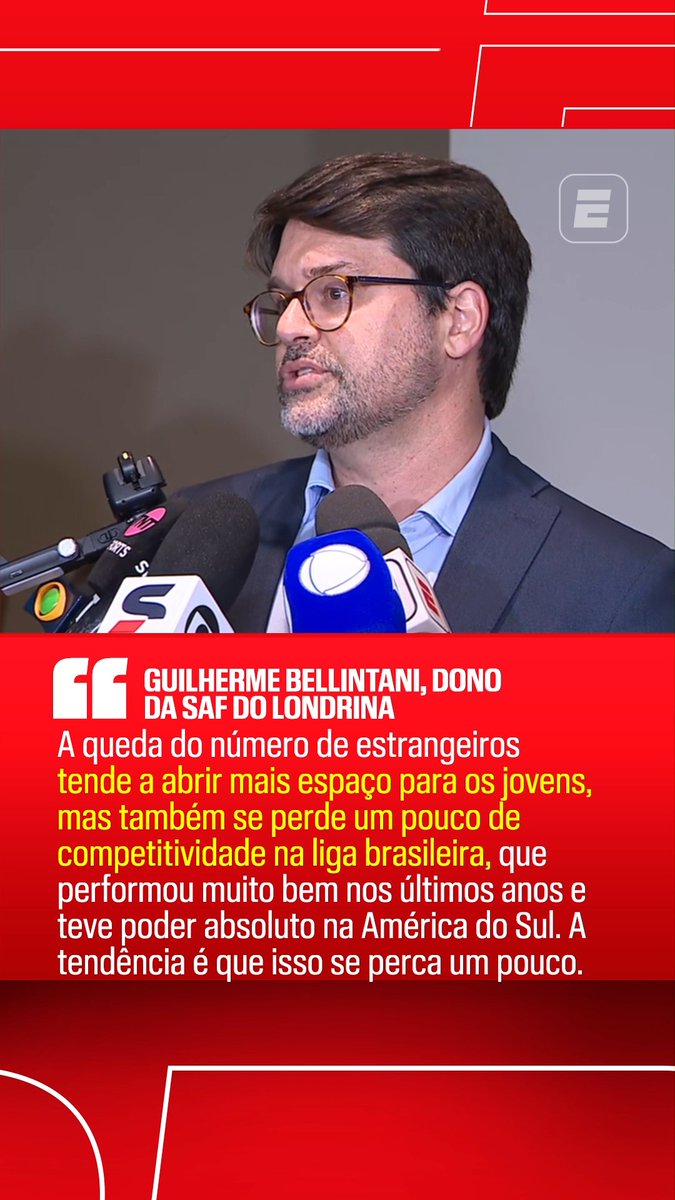 "A queda do número de estrangeiros tende a abrir mais espaço para os jovens, mas também se perde um pouco de competitividade na liga brasileira, que performou muito bem nos últimos anos e teve poder absoluto na América do Sul. A tendência é que isso se perca um pouco." 🎙️ Guilherme Bellintani, dono da SAF do Londrina. 🎥 ESPN Brasil | SportsCenter Brasil