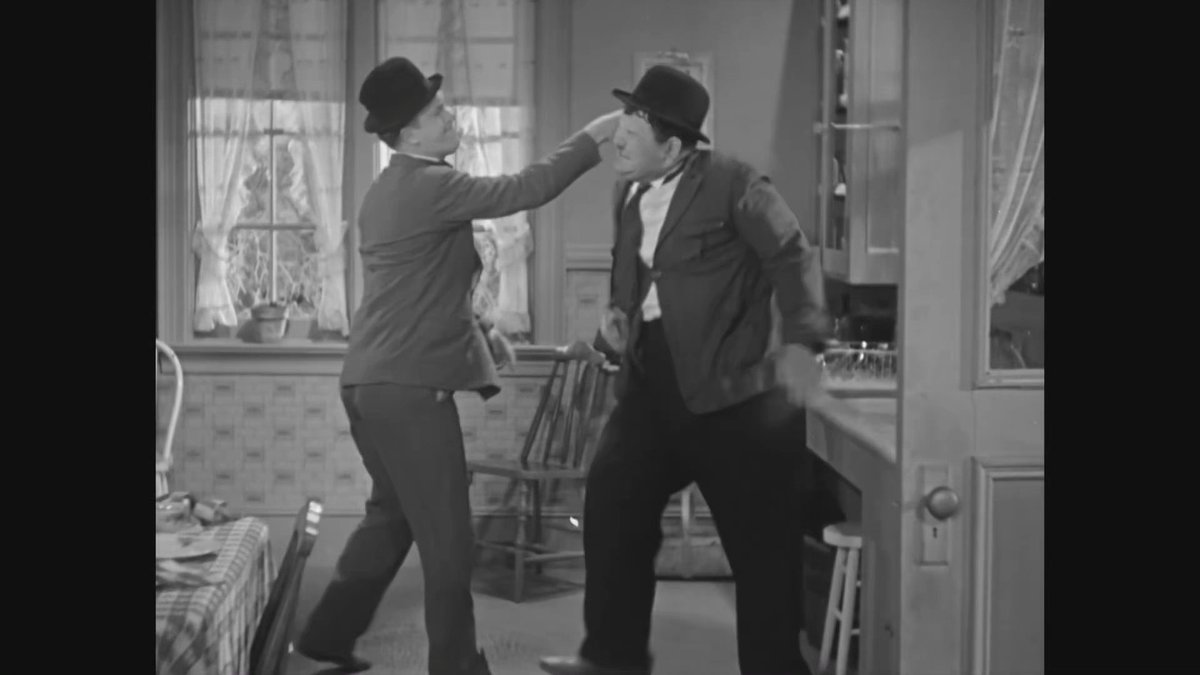 As a child, Stans daughter Lois was afraid of “Uncle Babe” (Oliver Hardy), believing he was really hurting her dad in their films. To reassure her, Stan added a rare scene in One Good Turn where he fights back and gives Ollie a beating. Lois’s fear of Uncle Babe disappeared