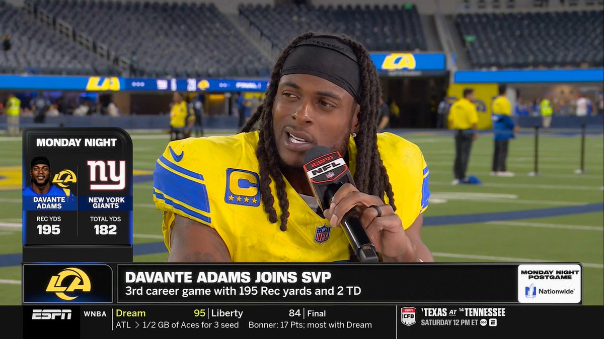 "This league isn't even about who's the best team, it's about who goes out and plays the best. So we keep that on our minds and go out and work towards a common goal." Davante Adams joins Scott Van Pelt following the Rams' 28-6 win vs. the Giants 🏈