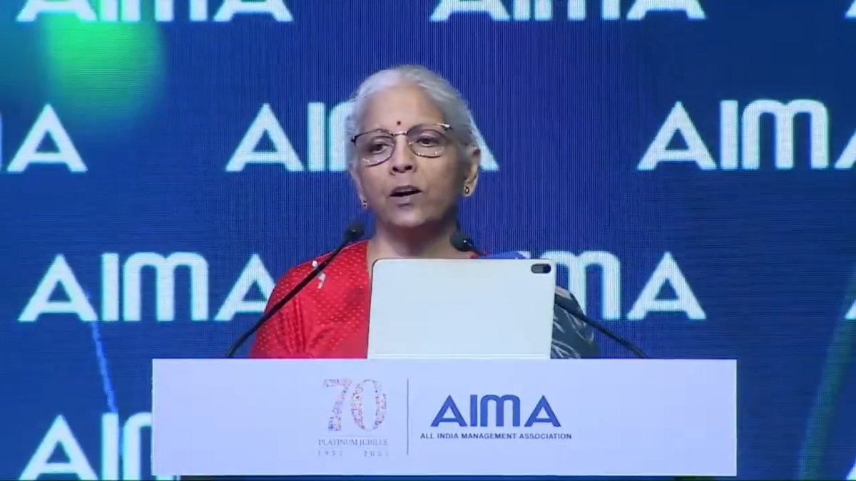 Today’s managers require rigorous grounding in geopolitical supply-chain risk, climate risk, behavioural science, data & regulation and tech-aided project execution. AIMA should drive an industry-wide curriculum reform that aligns business education with actual contemporary challenges. We must produce leaders who can connect disciplines rather than operate within functional silos. - Smt Nirmala Sitharaman at the 53rd National Management Convention of All India Management Association in New Delhi (1/n)