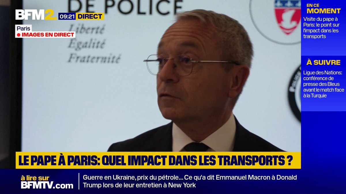 💬"Il y aura du bleu sous terre et en surface" Jusqu'à 14 000 forces de l'ordre mobilisées: Patrice Faure, préfet de police de Paris, revient sur le dispositif de sécurité autour de la visite du pape à Paris #BFM2