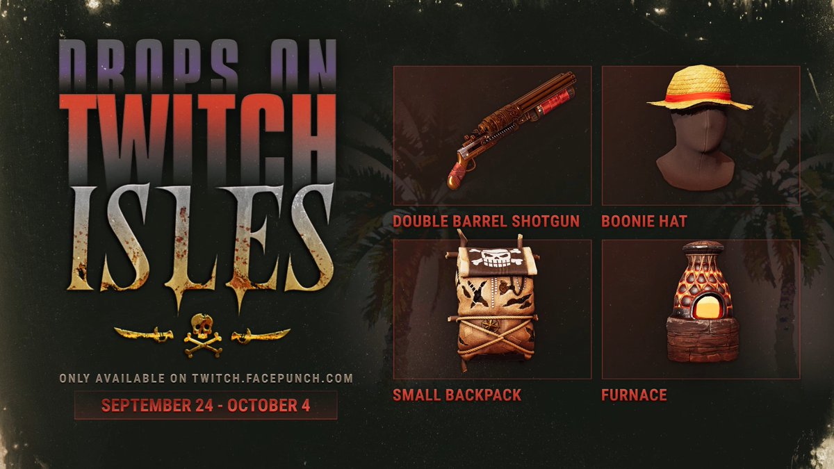 Rust Isles sets sail on 24th September! ⛵☢️🏴‍☠️ Tune in to Twitch and claim these exclusive drops whilst watching some of your favourite creators from the Rust community! Sync your accounts here: Beware of scams. Facepunch will never DM regarding Drops.