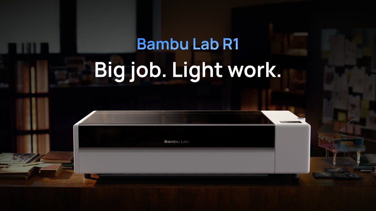 Bambu Lab R1, the CO₂ laser built with the same motion control as our printers. Every cut lands where it should. The specs you've been asked about: • 55W CO₂ Laser - cuts up to 20mm single-pass cutting • 600 × 300 mm bed, 3m throughput with conveyor • 1000 mm/s max speed without losing detail • Auto laser alignment, first for a CO₂ laser cutter • Cameras, lasers and encoders work as one, within 0.2mm positioning accuracy Big job. Light work. Explore R1