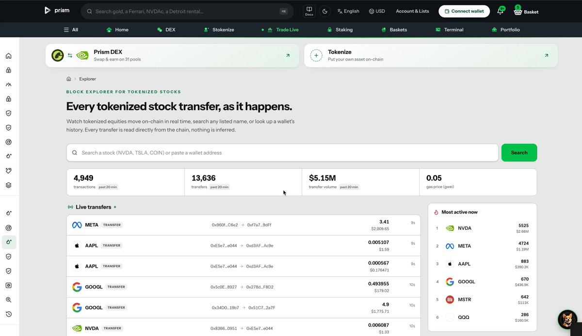 Prism Explorer is now live. Now you can track every tokenized stock transactions in real time across all networks. Check it out: