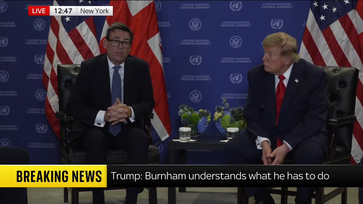 BREAKING: Prime Minister Andy Burnham meets US President Donald Trump for the first time at the UN General Assembly in New York. UN latest: 📺 Sky 501, Virgin 602, Freeview 233 and YouTube