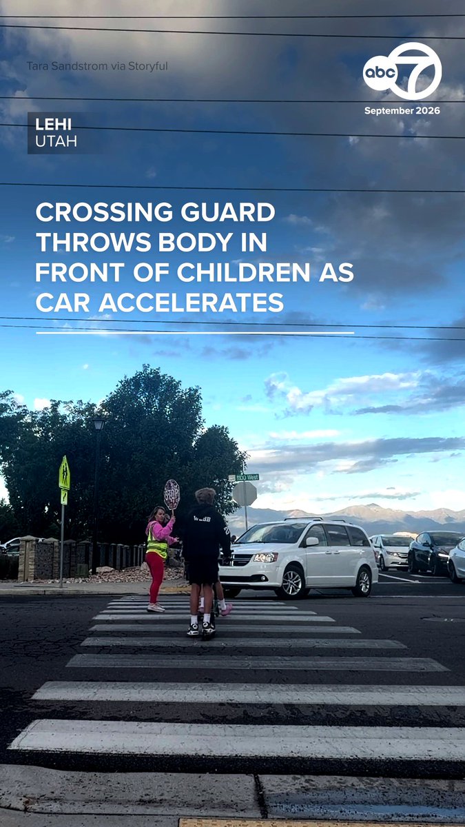 A crossing guard captured the moment she bravely threw herself in front of two children as a vehicle accelerated towards the intersection they were crossing in Lehi, Utah.