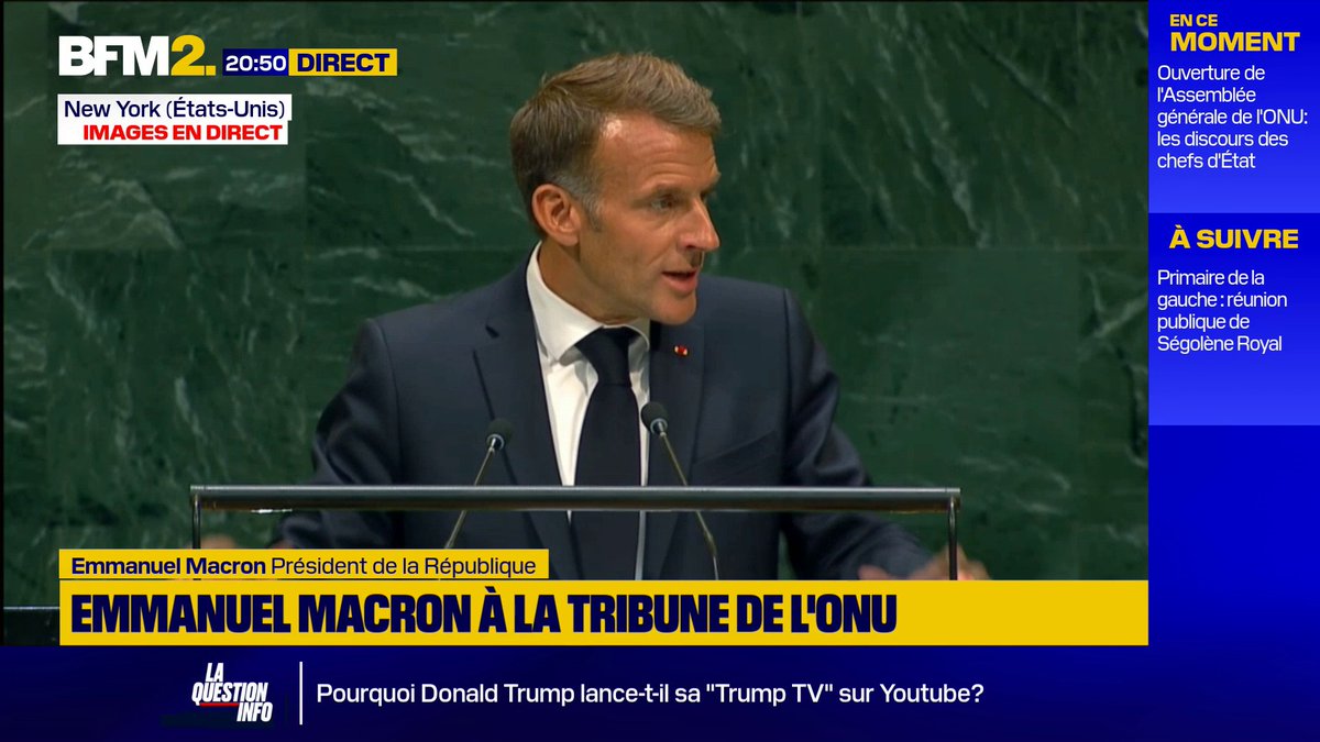 Emmanuel Macron à l'ONU: "Mon message est de ne rien céder. Ne rien céder sur ce qui est en train de s'installer qui est, au fond, une lente division du monde. Un esprit de défaite qui s'installe et qui laisserait quelques-uns dans l'abus de pouvoir" #BFM2