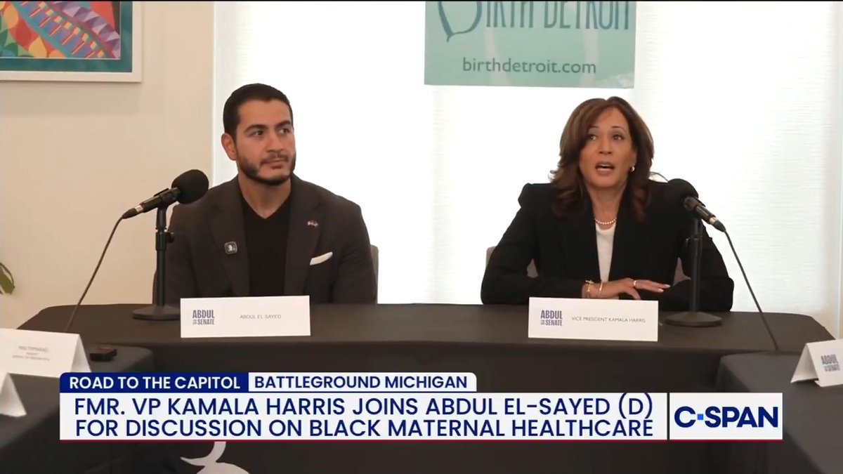 Kamala Harris and Abdul El-Sayed host Black maternal health roundtable in Detroit, MI.