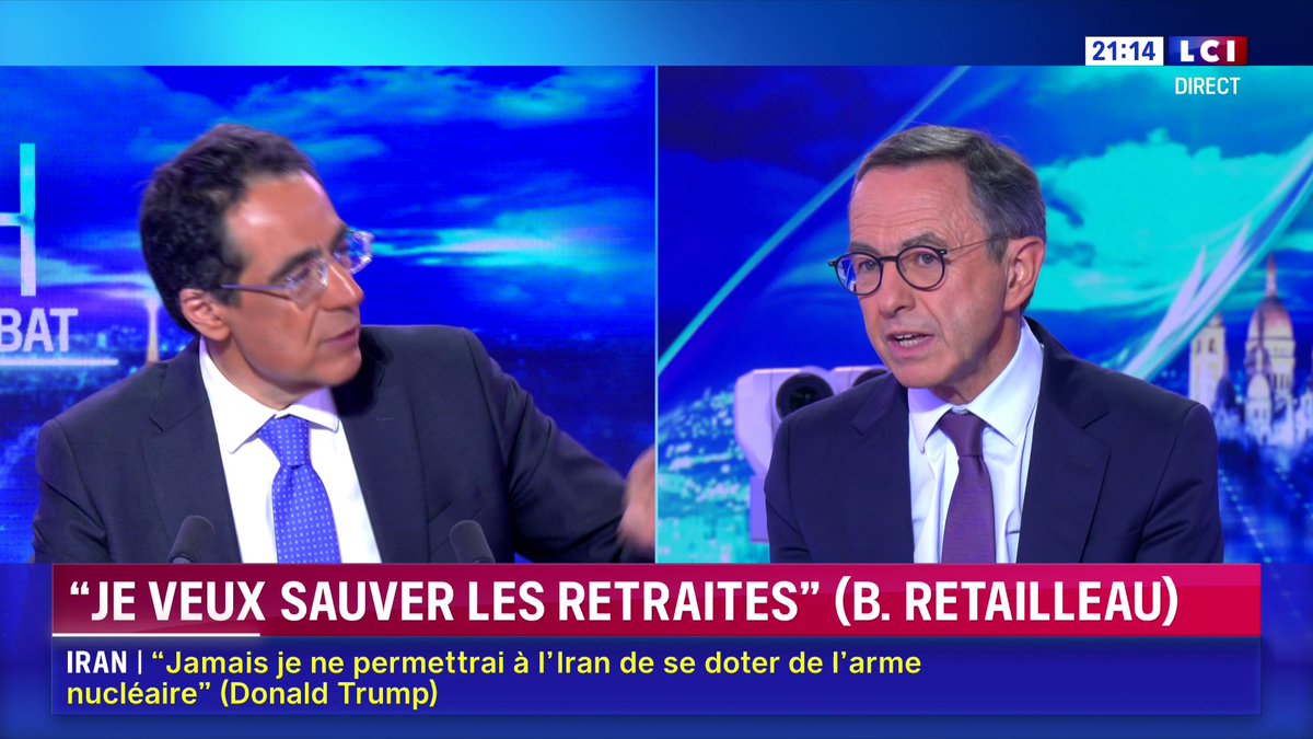 🔴 Projet pour les retraites 🗣️ Bruno Retailleau propose "environ 40 milliards" d’économies, "sur cinq ans, cumulés", face à Darius Rochebin sur LCI