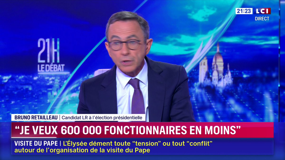 🔴 Présidentielle 2027 🗣️ Bruno Retailleau annonce son intention de réduire "le nombre d’agents publics", pour arriver à "600.000 fonctionnaires" en moins sur "deux quinquennats", face à Darius Rochebin sur LCI