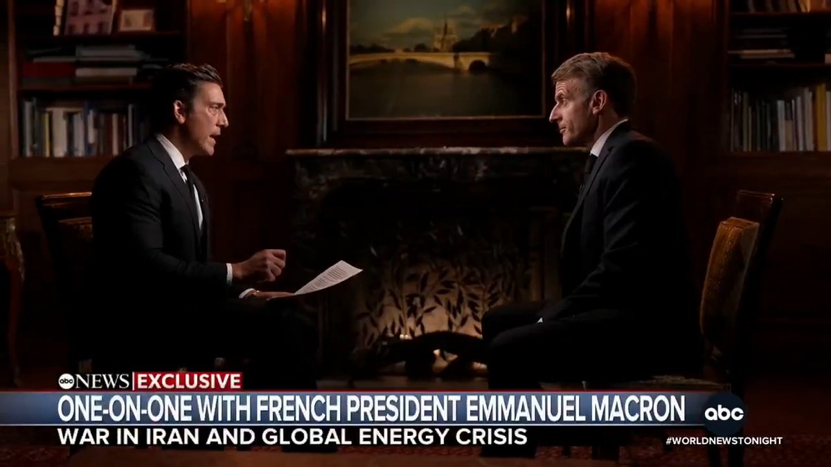 David Muir has an exclusive wide-ranging interview with French President Emmanuel Macron, covering America's war with Iran, the Strait of Hormuz, the global energy crisis, Vladimir Putin, Artificial Intelligence warnings and more.