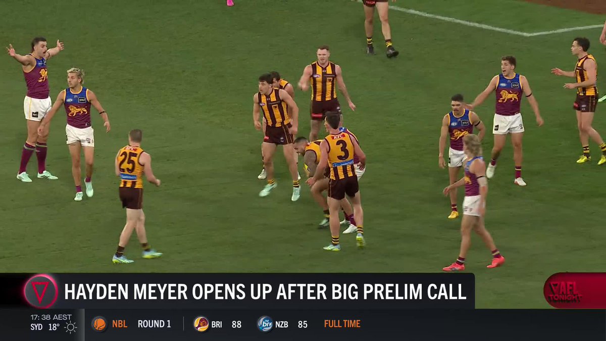 'I FELT THREATENED' ⚠️ After being selected to umpire this year's #AFLGrandFinal, Hayden Meyer has spoken publicly on his exchange with Tom Barrass and James Sicly last Saturday... and the "scary" abuse he and his colleagues received from Hawthorn fans. #AFLTonight