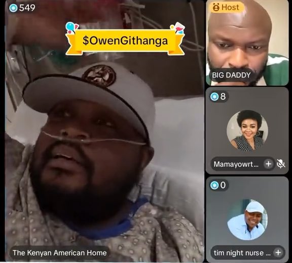 Owen, The Kenyan American Home, has spoken for the first time from his hospital bed after being transferred from the ICU. He is asking Kenyans for financial support, noting that he has four children and a wife and is the sole provider. Household bills are accumulating and he has not yet seen the hospital bill… He stated that he was admitted with kidney failure and injuries to the lungs and pancreas.