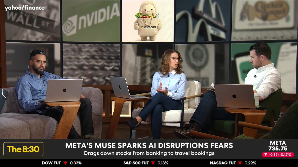 Stocks don't know what to make of $META's new AI assistant, Muse. Will it replace companies, or will it drive business to them? Julie Hyman explains, “The bot’s not going to form a brokerage; it's going to call your brokerage. Does that mean you do less business with the brokerage or more?”
