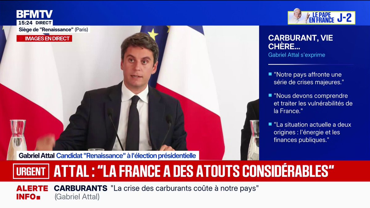 "La France a des atouts considérables", estime Gabriel Attal, candidat "Renaissance" à la présidentielle