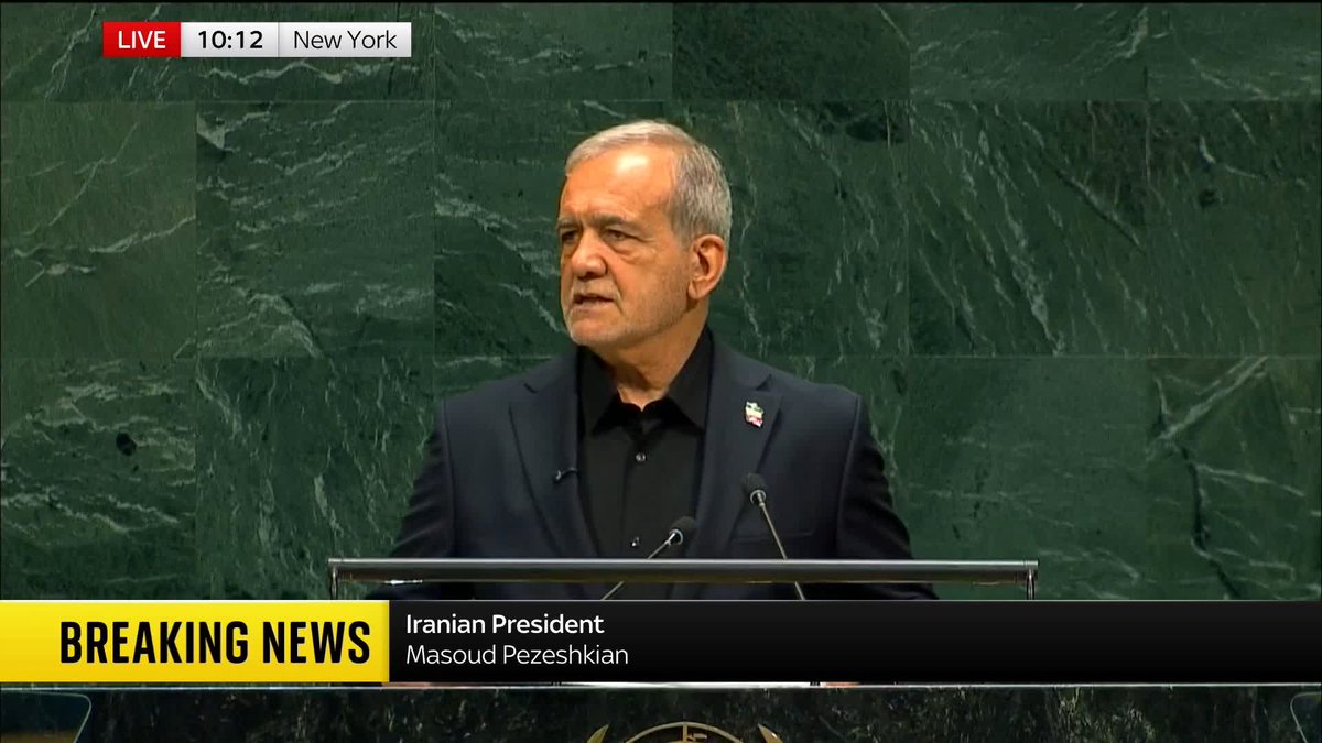 A member of the US delegation is seen walking out during the Iranian president's speech at the UN General Assembly. Masoud Pezeshkian said Donald Trump described Iran as terrorists yesterday, but claims 'we have been the victims of terrorism'. 🔗