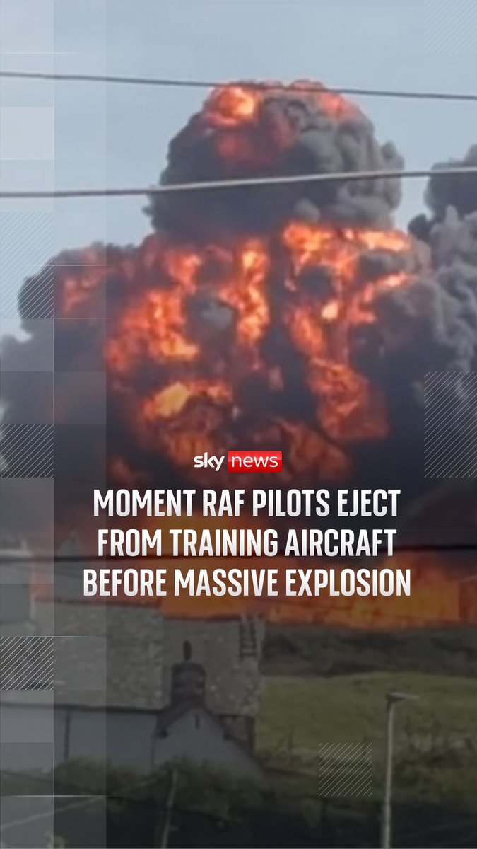 This is the moment RAF pilots ejected from a training aircraft before a massive explosion in Wales. The pilots had been flying a Hawk T2 aircraft out of the RAF Valley station when the plane crashed on Wednesday. An investigation is underway. 🔗Read more: